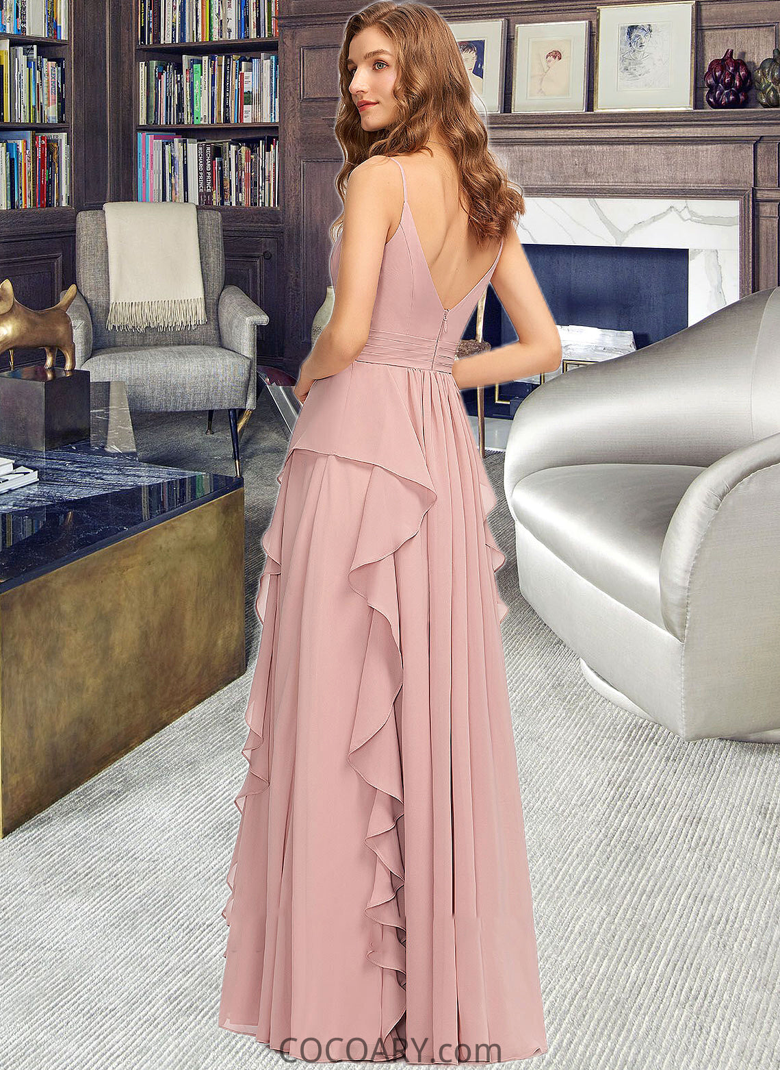 Kamryn A-Line V-neck Floor-Length Chiffon Bridesmaid Dress With Ruffle Cascading Ruffles DA8P0013161