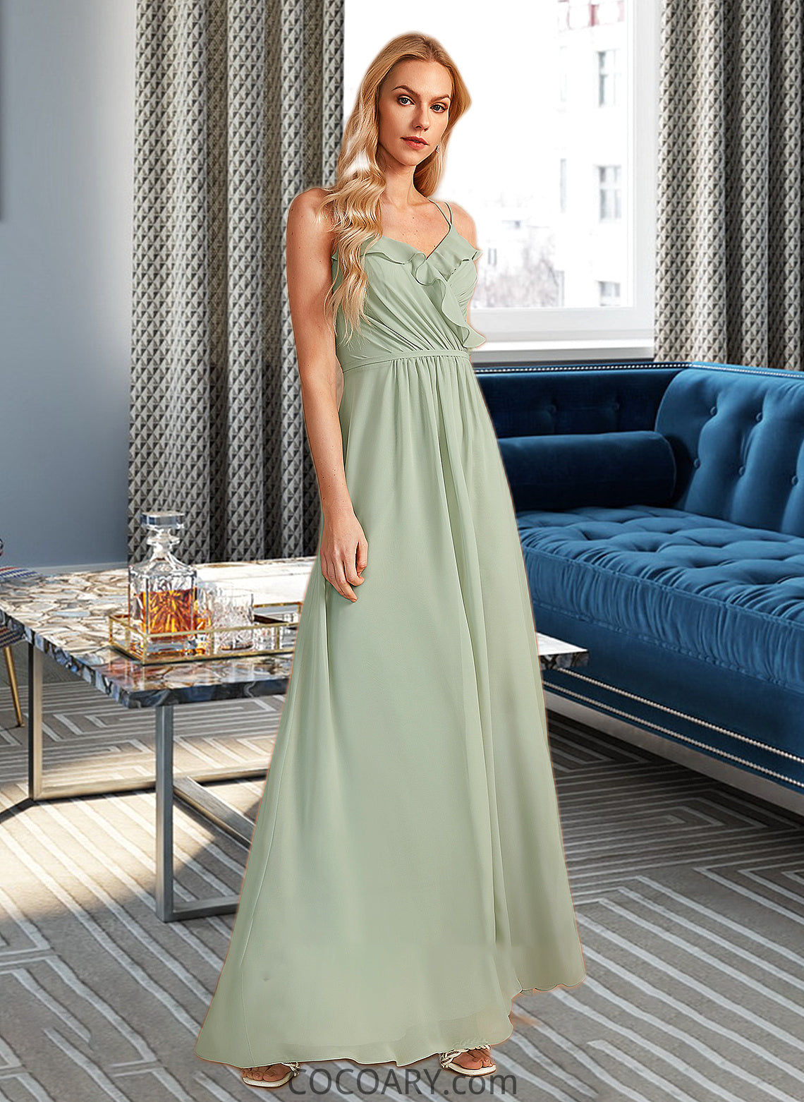 Florence A-Line V-neck Floor-Length Bridesmaid Dress With Ruffle DA8P0013164