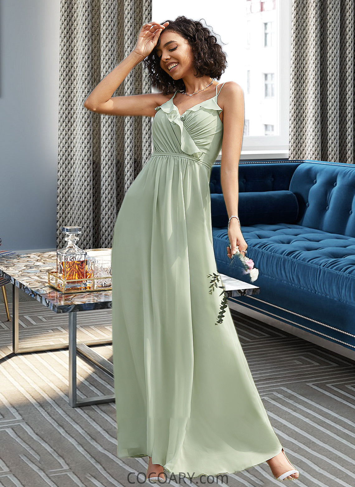 Florence A-Line V-neck Floor-Length Bridesmaid Dress With Ruffle DA8P0013164