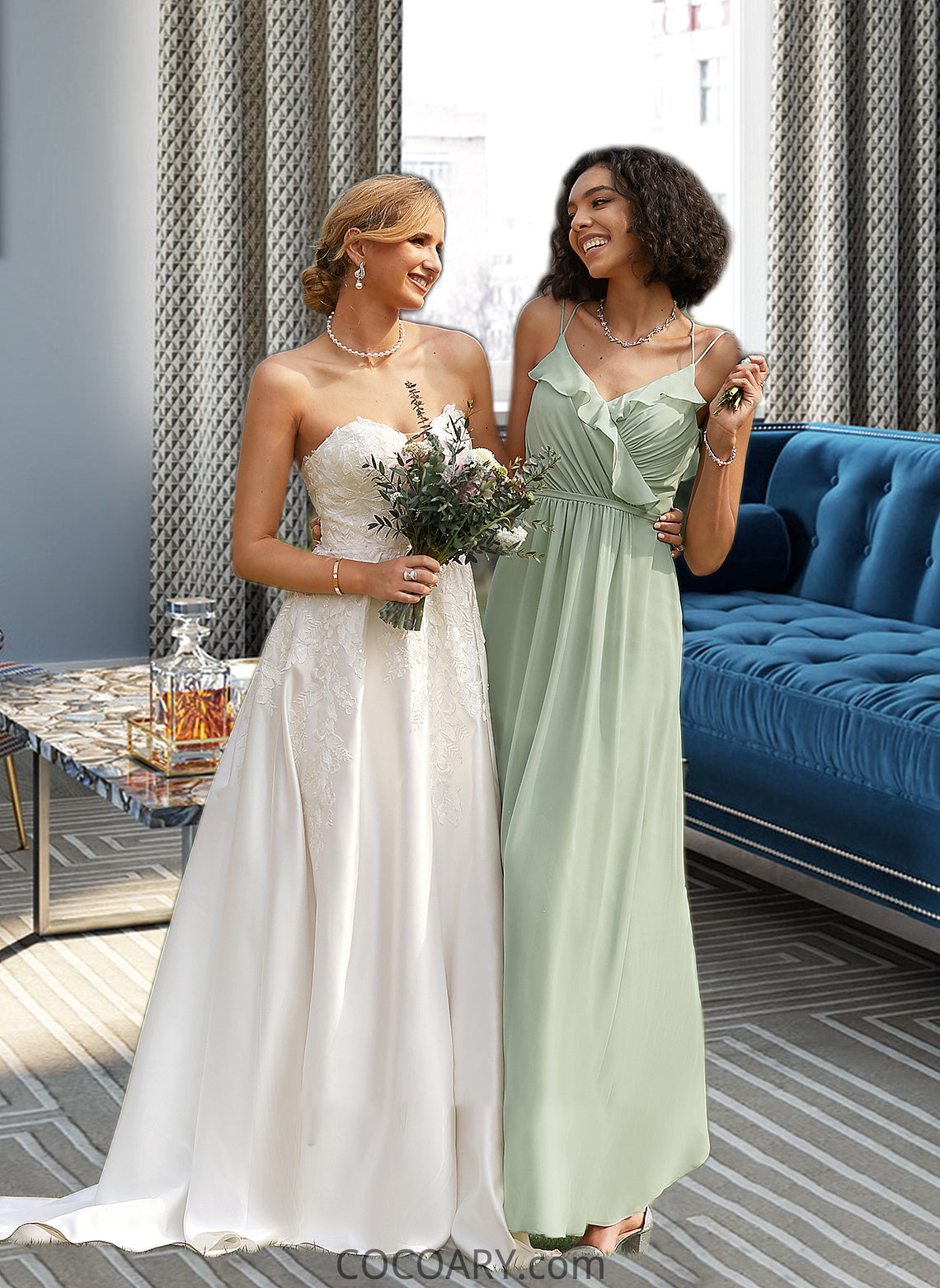 Florence A-Line V-neck Floor-Length Bridesmaid Dress With Ruffle DA8P0013164