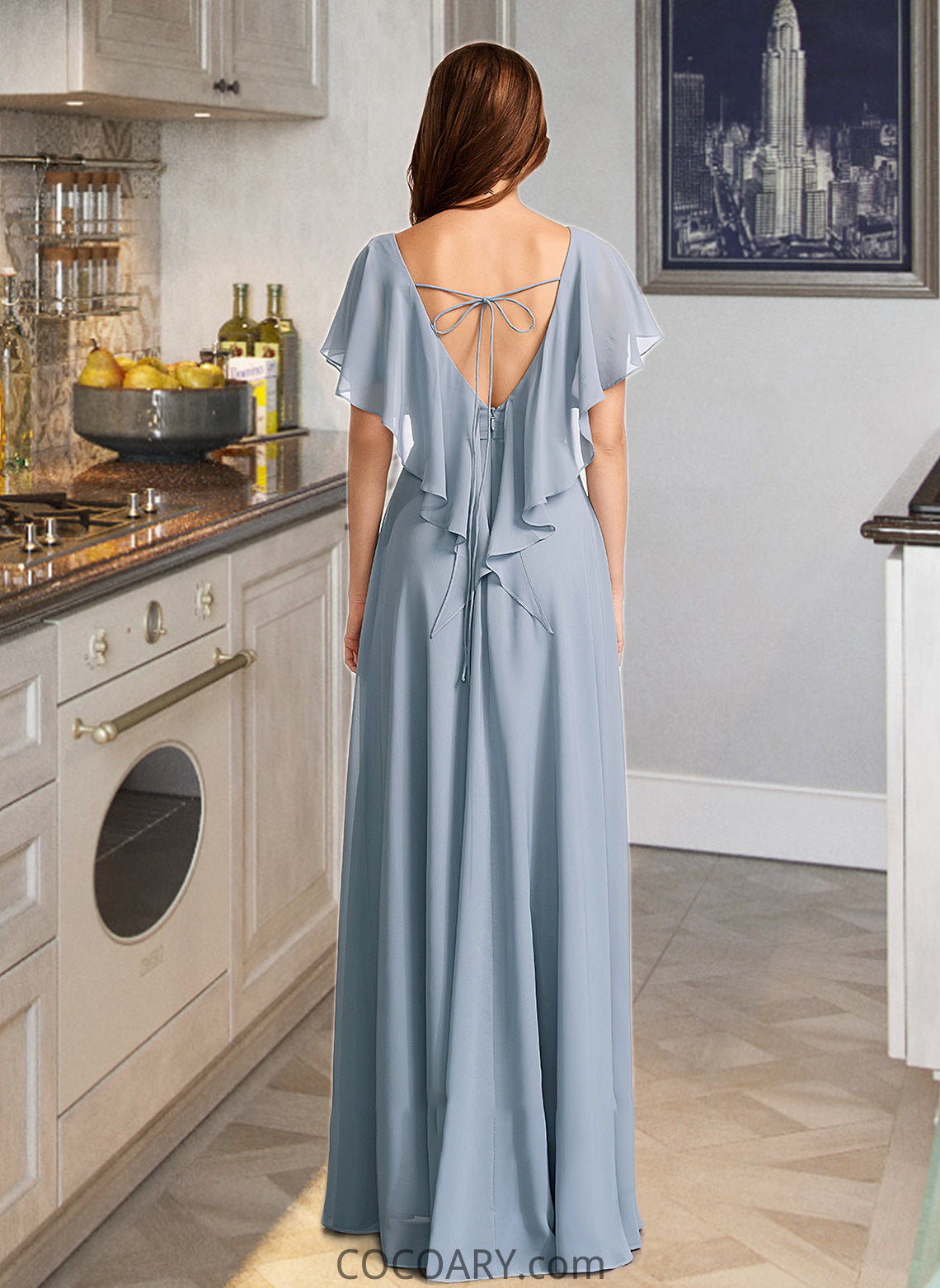 Jo A-Line V-neck Floor-Length Bridesmaid Dress With Ruffle DA8P0013165