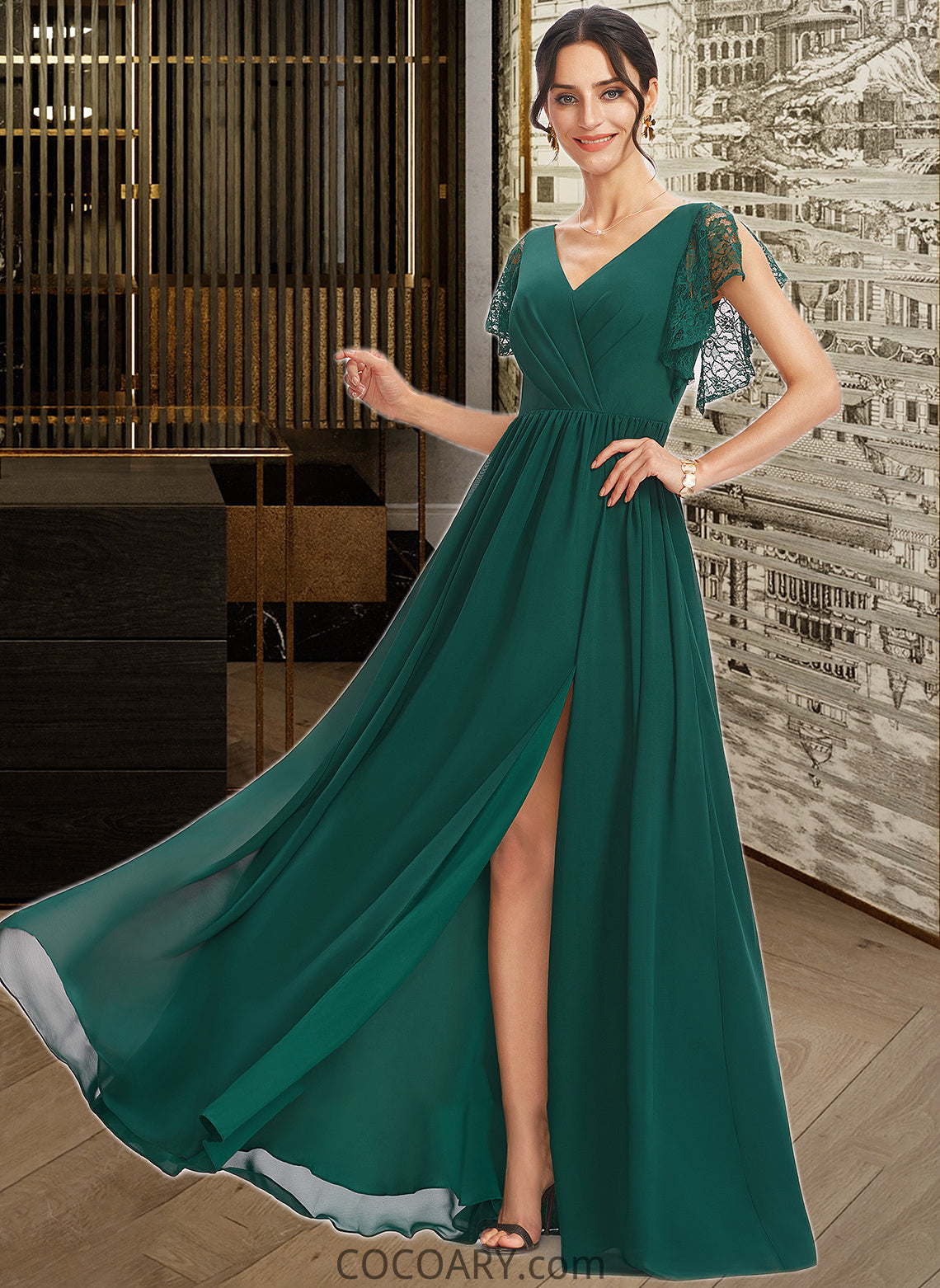 Charity A-Line V-neck Floor-Length Bridesmaid Dress With Lace Split Front DA8P0013166