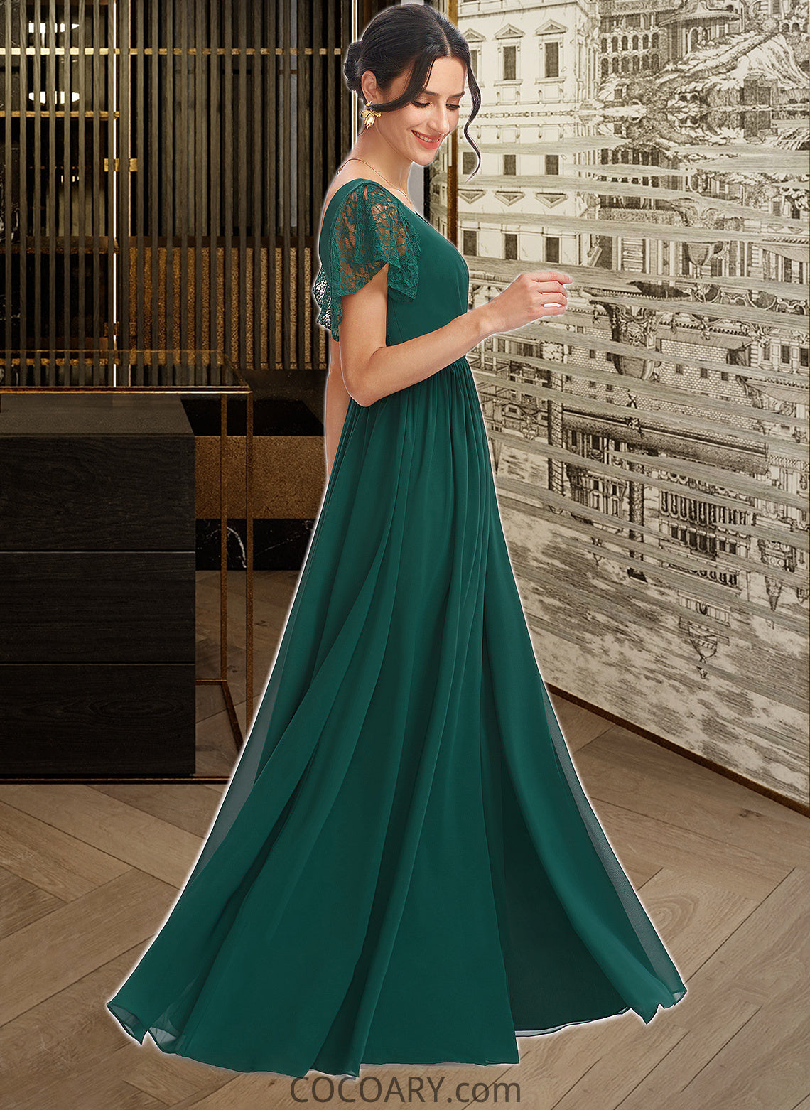 Charity A-Line V-neck Floor-Length Bridesmaid Dress With Lace Split Front DA8P0013166