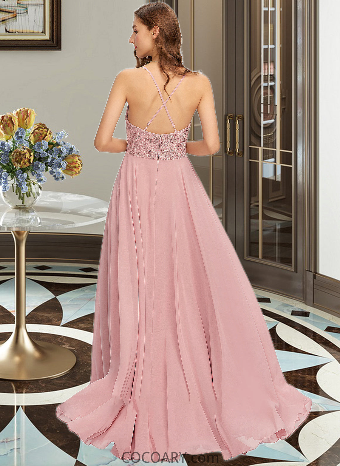 Kayden A-Line V-neck Floor-Length Chiffon Bridesmaid Dress DA8P0013173