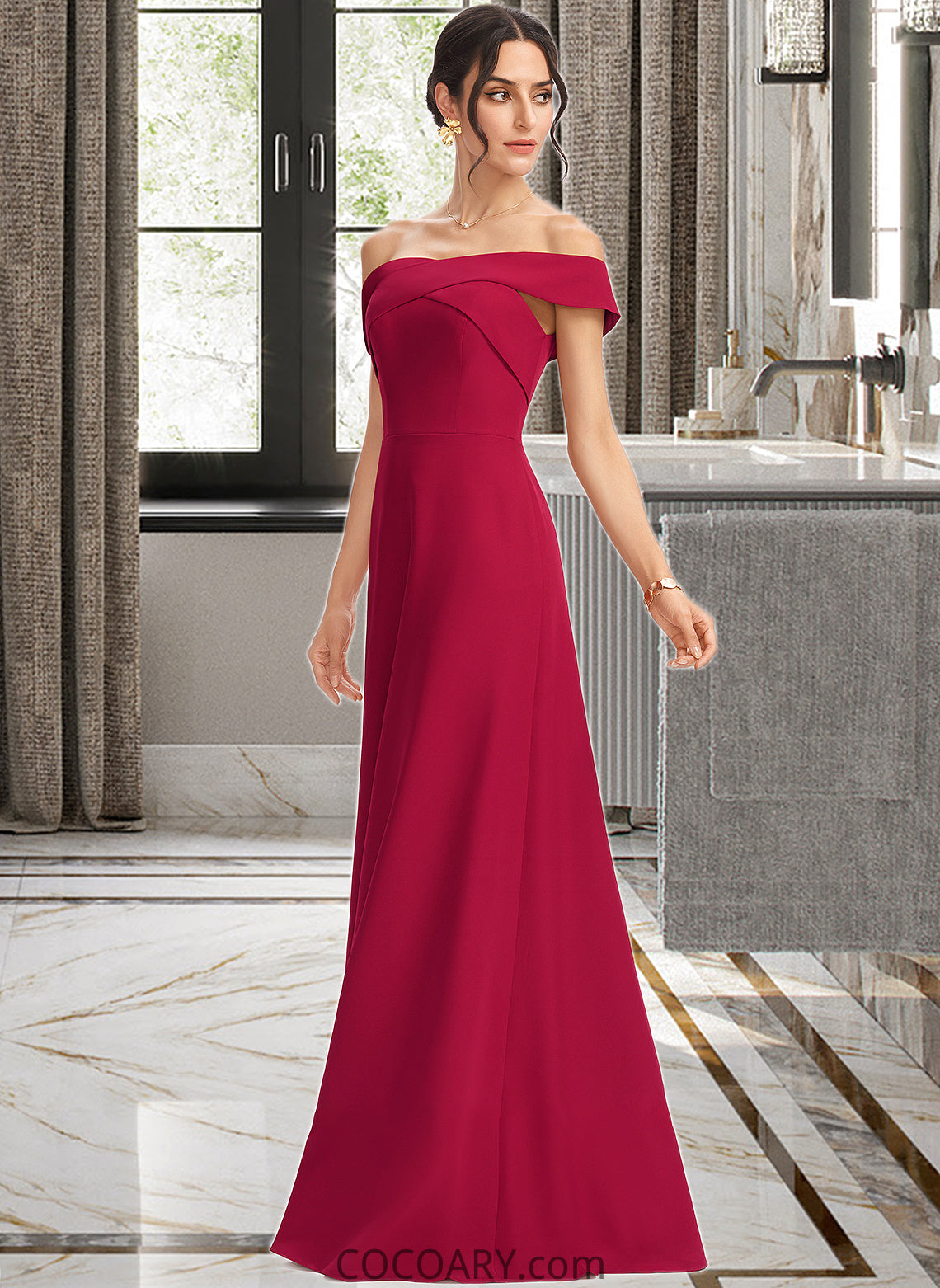 Fatima Sheath/Column Off-the-Shoulder Floor-Length Bridesmaid Dress With Ruffle DA8P0013177