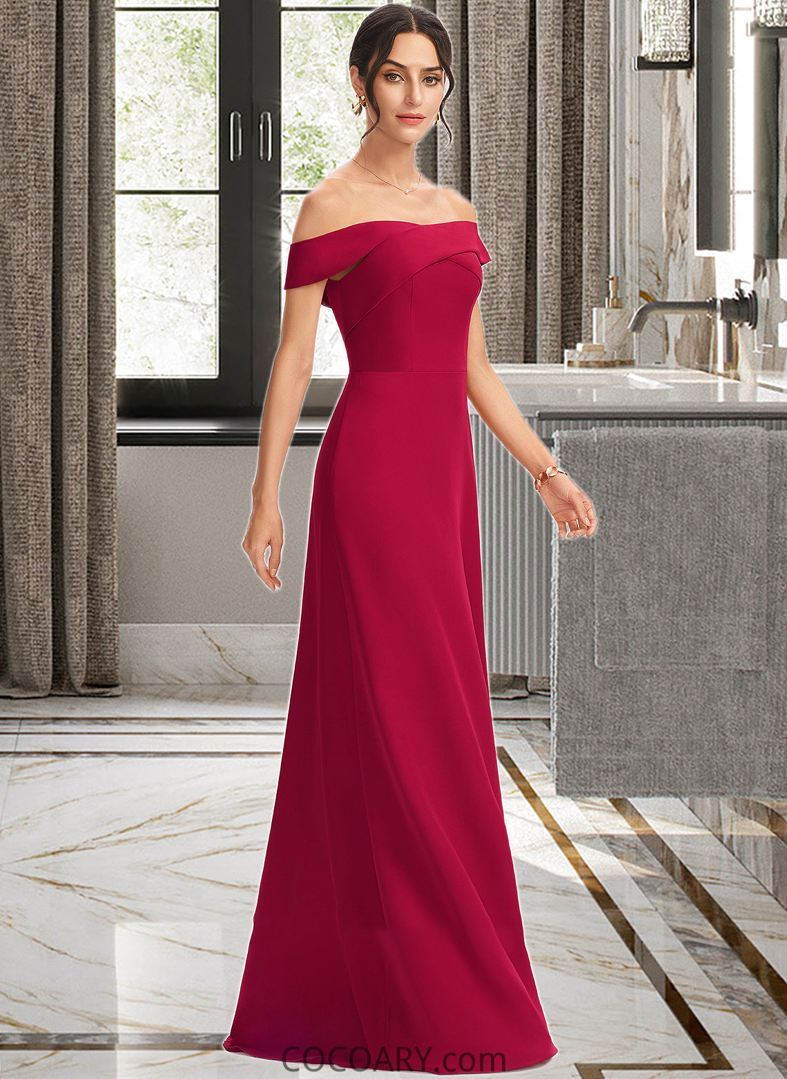 Fatima Sheath/Column Off-the-Shoulder Floor-Length Bridesmaid Dress With Ruffle DA8P0013177