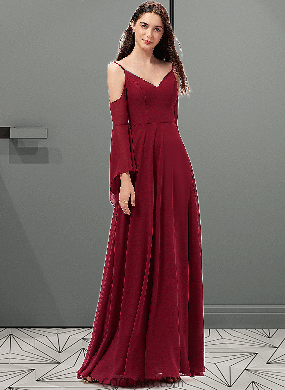 Zoey A-line V-Neck Floor-Length Chiffon Bridesmaid Dress DA8P0013178