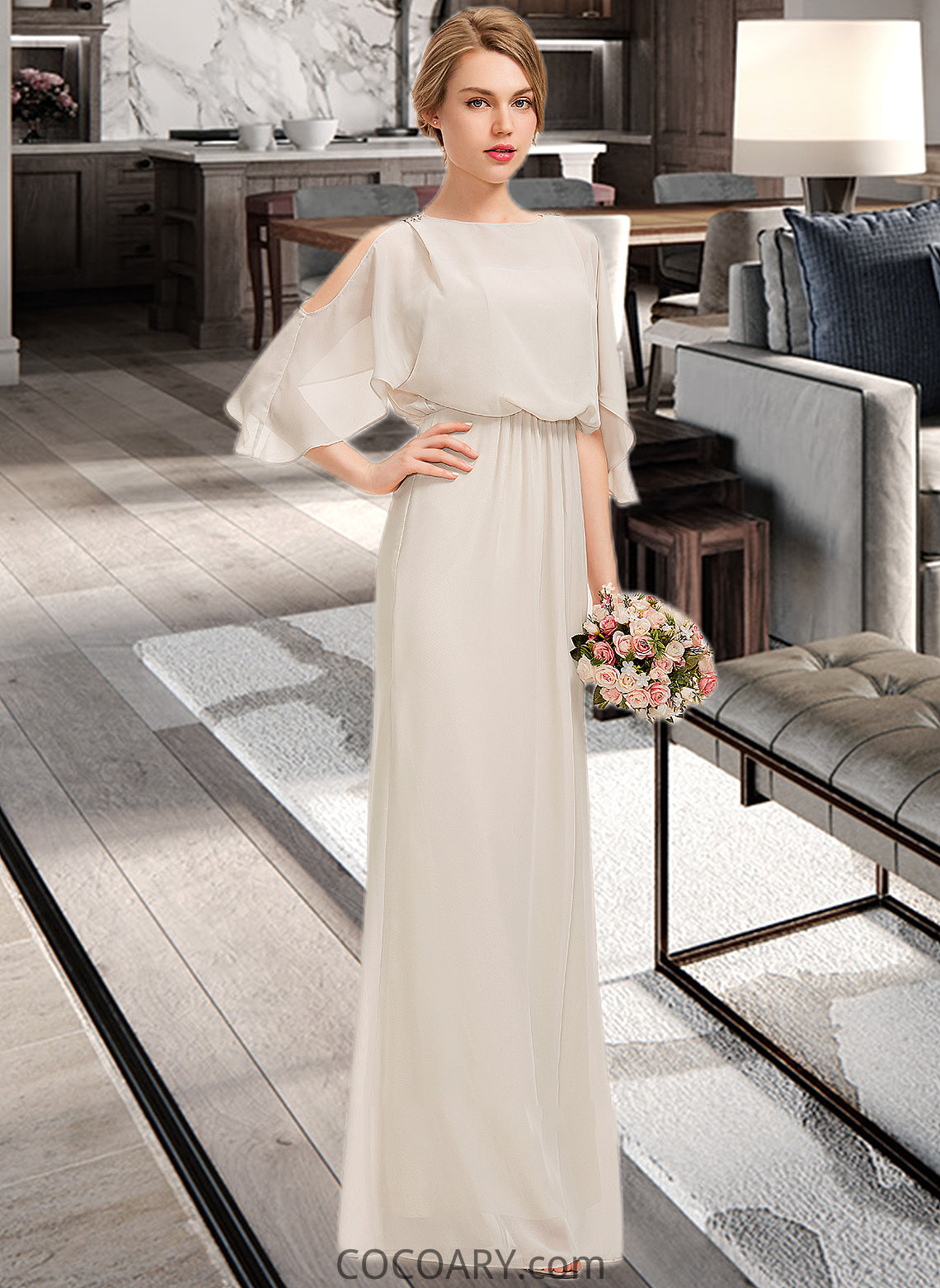 Alena Sheath/Column Scoop Neck Floor-Length Chiffon Bridesmaid Dress With Cascading Ruffles DA8P0013180