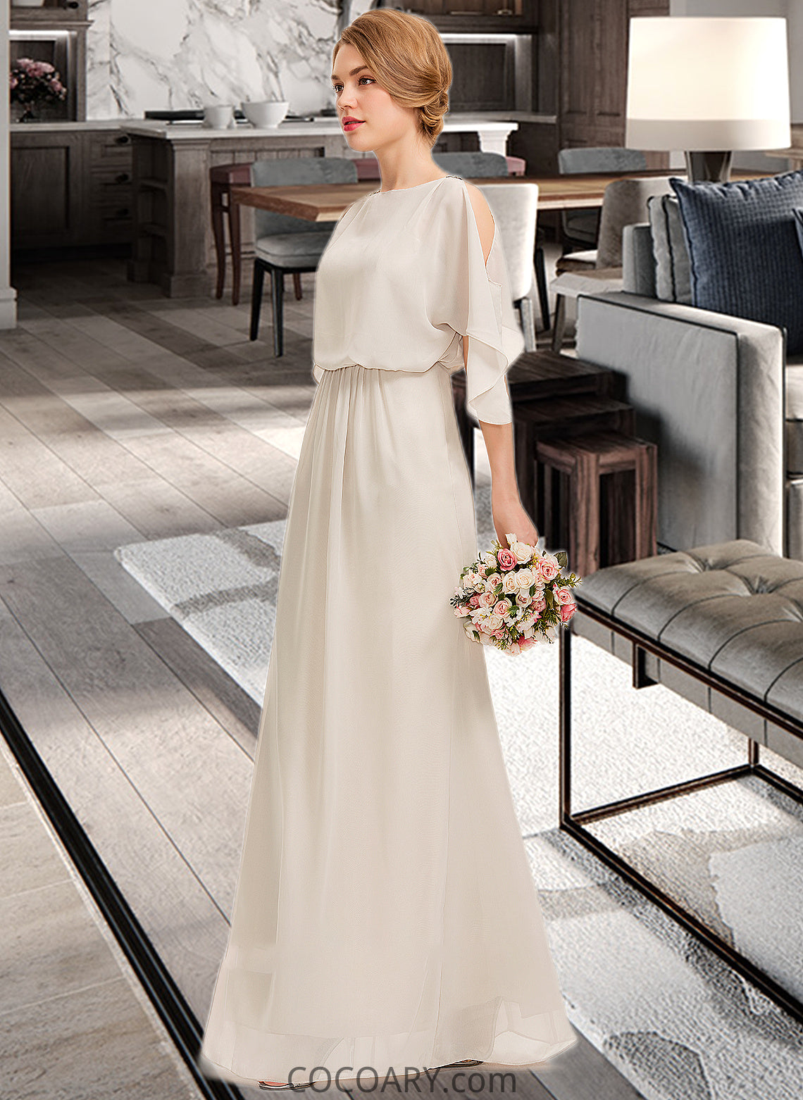 Alena Sheath/Column Scoop Neck Floor-Length Chiffon Bridesmaid Dress With Cascading Ruffles DA8P0013180