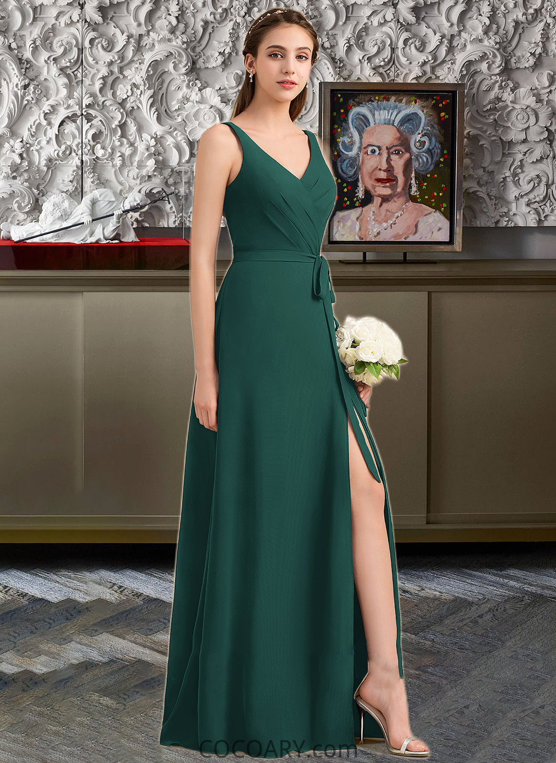 Ivy A-Line V-neck Floor-Length Chiffon Bridesmaid Dress With Ruffle Bow(s) Split Front DA8P0013181