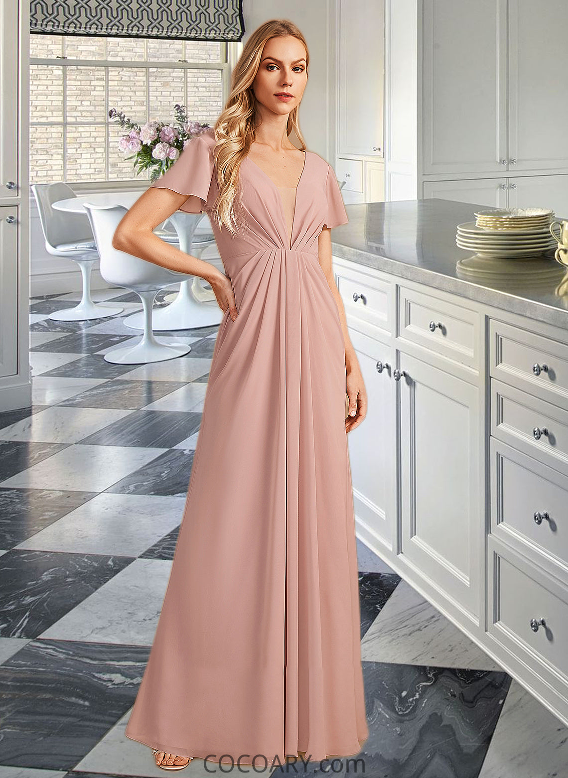 Azaria A-Line V-neck Floor-Length Bridesmaid Dress With Ruffle DA8P0013183