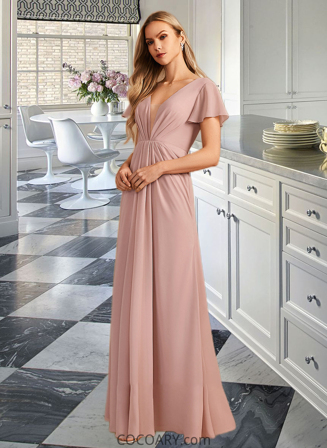 Azaria A-Line V-neck Floor-Length Bridesmaid Dress With Ruffle DA8P0013183