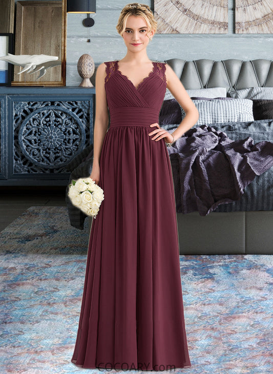 Deja A-Line V-neck Floor-Length Chiffon Lace Bridesmaid Dress With Ruffle Bow(s) DA8P0013191