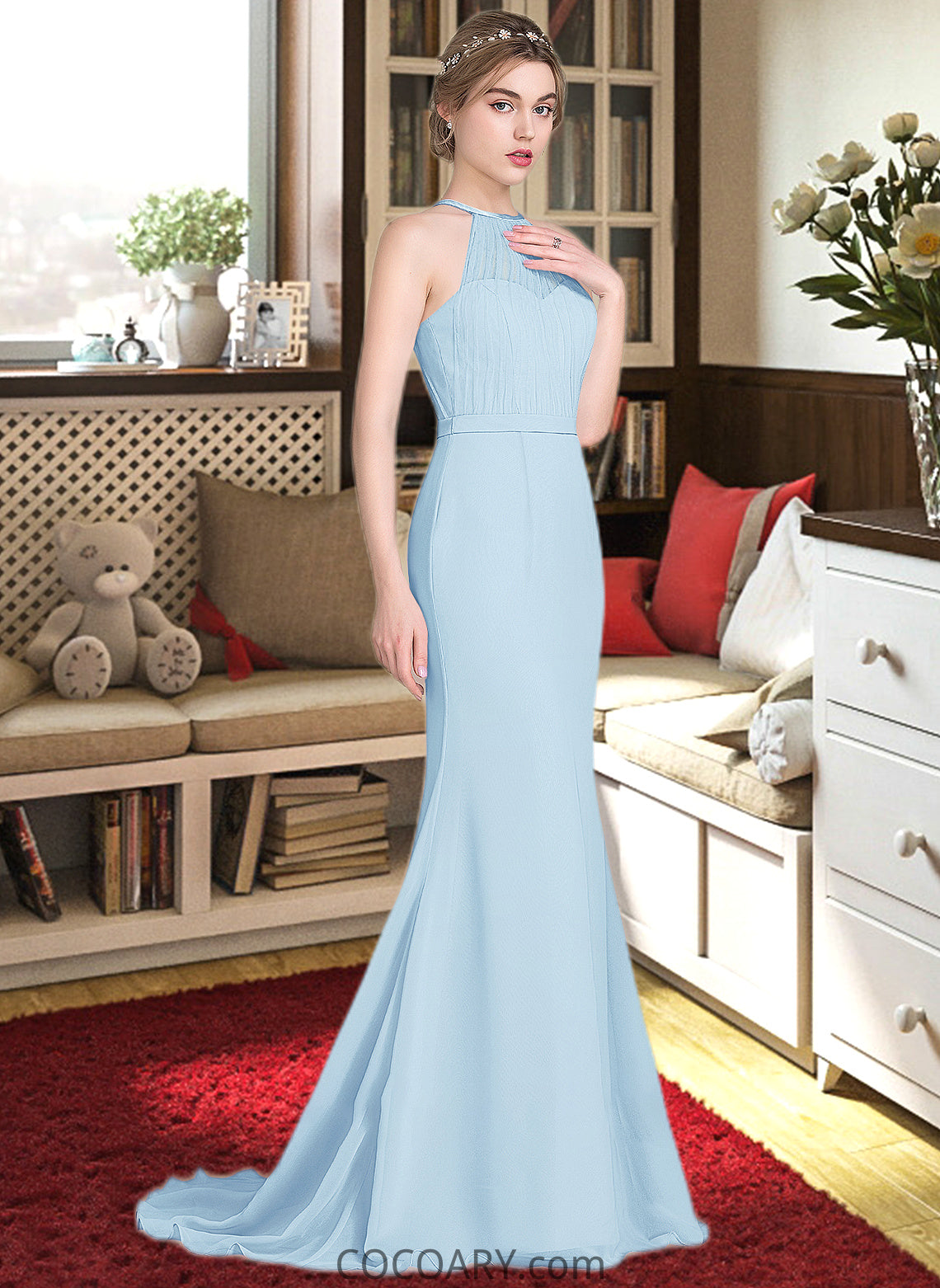 Kayley Trumpet/Mermaid Scoop Neck Sweep Train Chiffon Tulle Bridesmaid Dress With Ruffle DA8P0013194