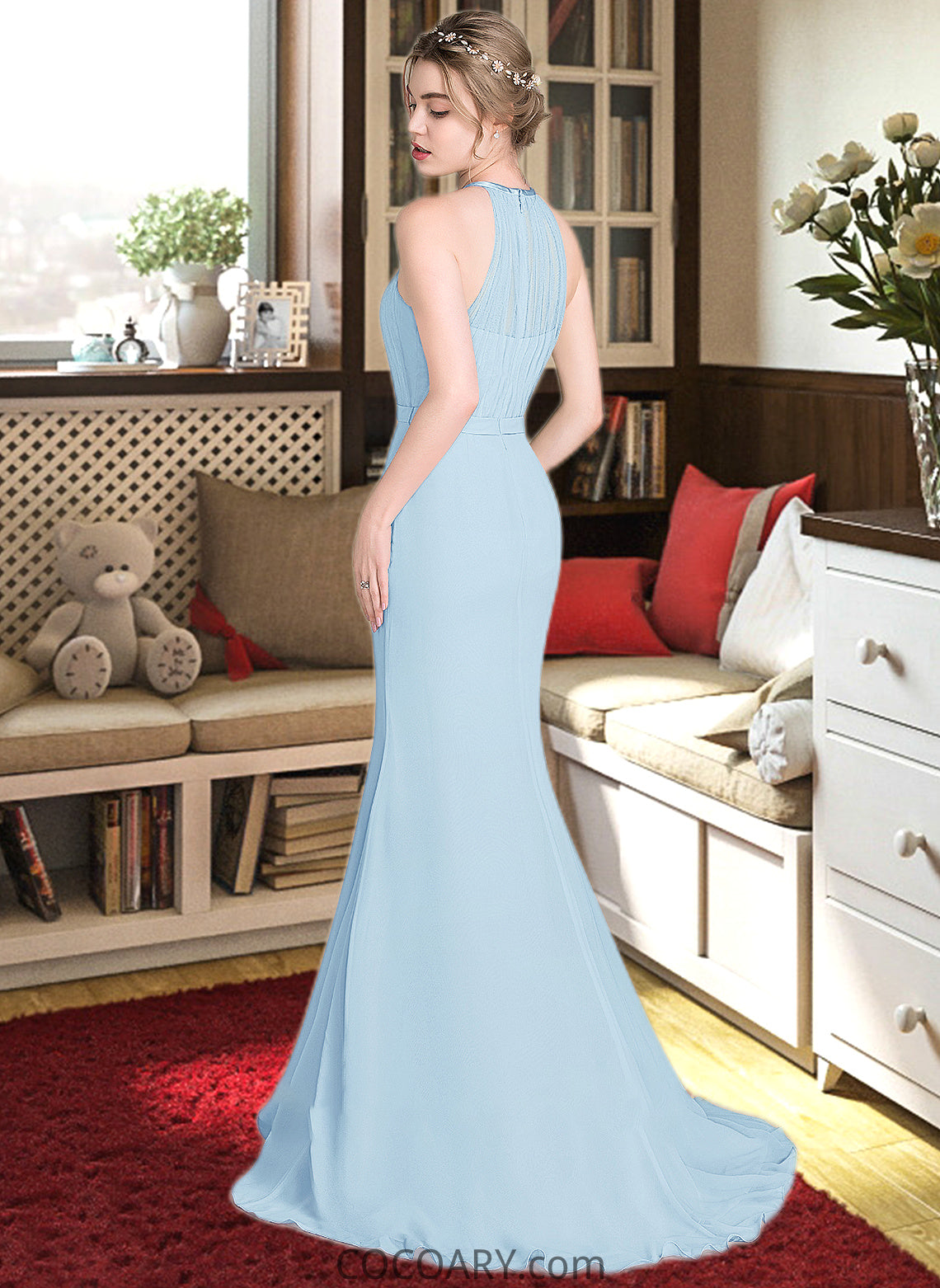 Kayley Trumpet/Mermaid Scoop Neck Sweep Train Chiffon Tulle Bridesmaid Dress With Ruffle DA8P0013194