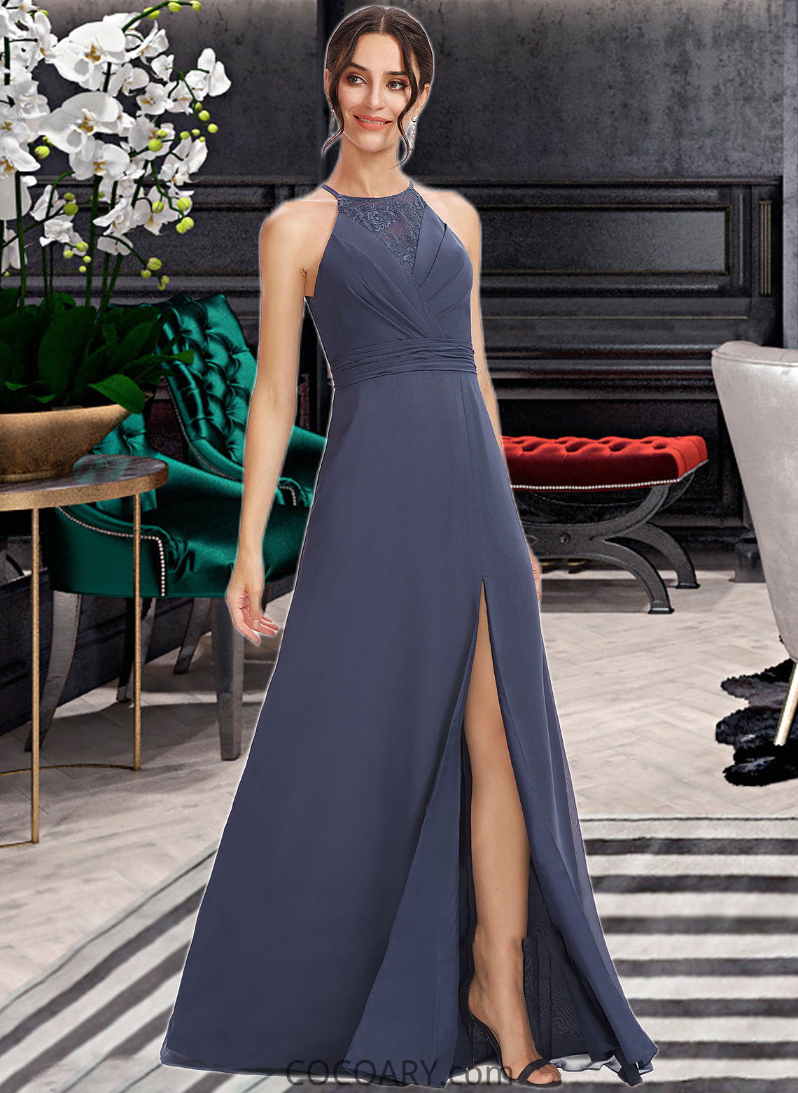 Michaelia A-Line Halter Floor-Length Bridesmaid Dress With Lace Split Front DA8P0013205