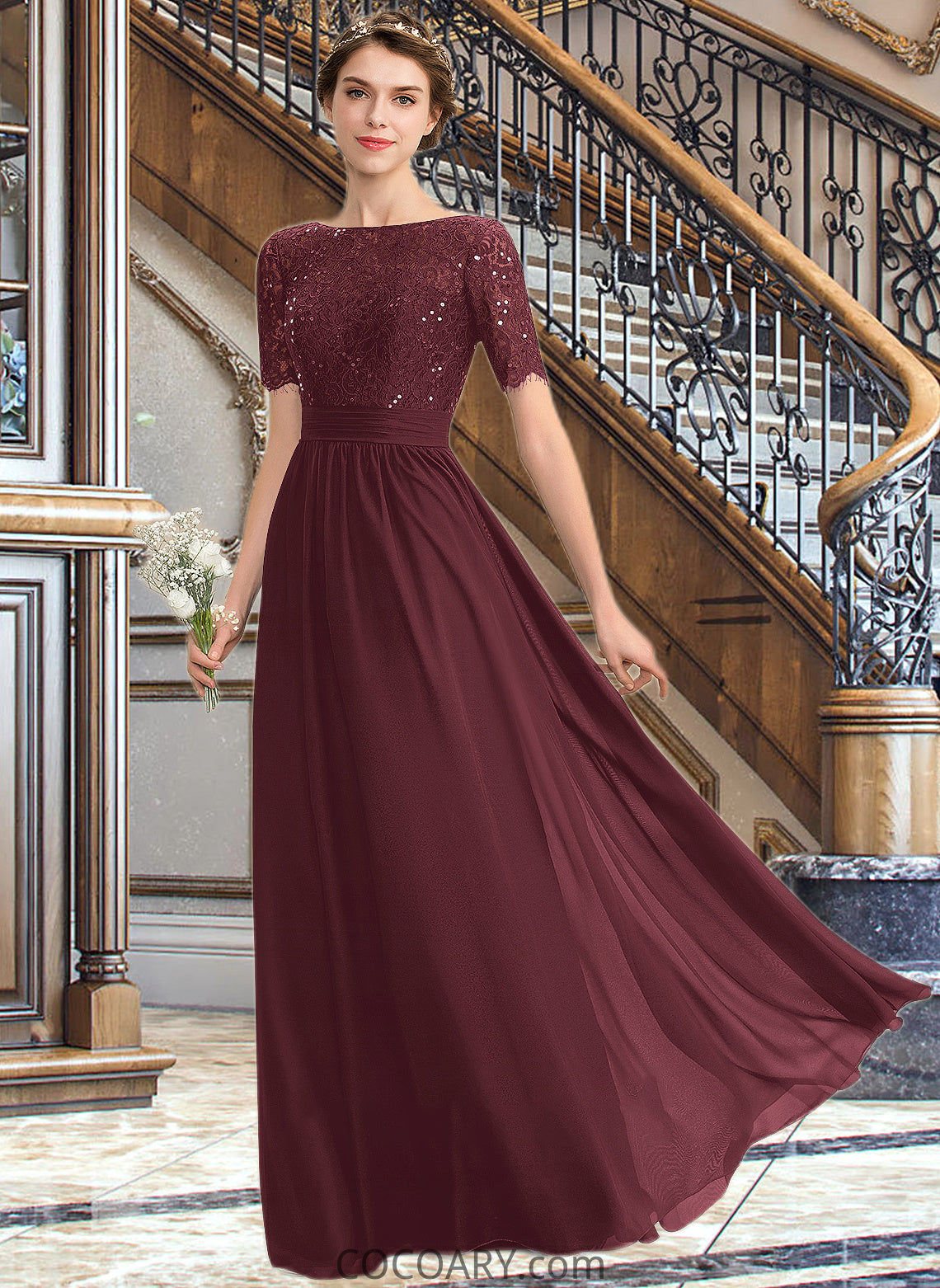 Everly A-Line Scoop Neck Floor-Length Chiffon Lace Bridesmaid Dress With Sequins DA8P0013207