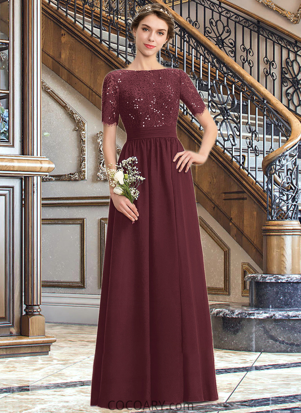 Everly A-Line Scoop Neck Floor-Length Chiffon Lace Bridesmaid Dress With Sequins DA8P0013207