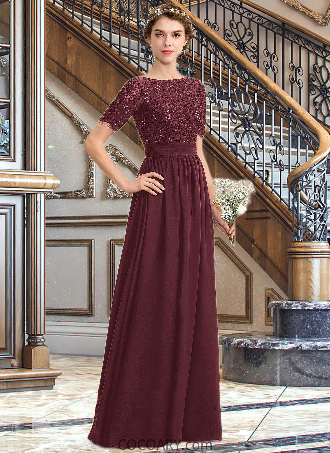 Everly A-Line Scoop Neck Floor-Length Chiffon Lace Bridesmaid Dress With Sequins DA8P0013207