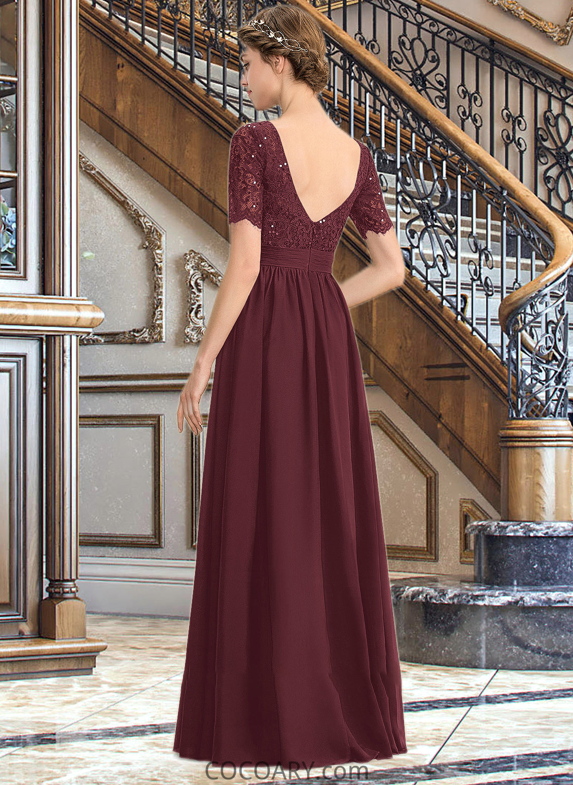 Everly A-Line Scoop Neck Floor-Length Chiffon Lace Bridesmaid Dress With Sequins DA8P0013207