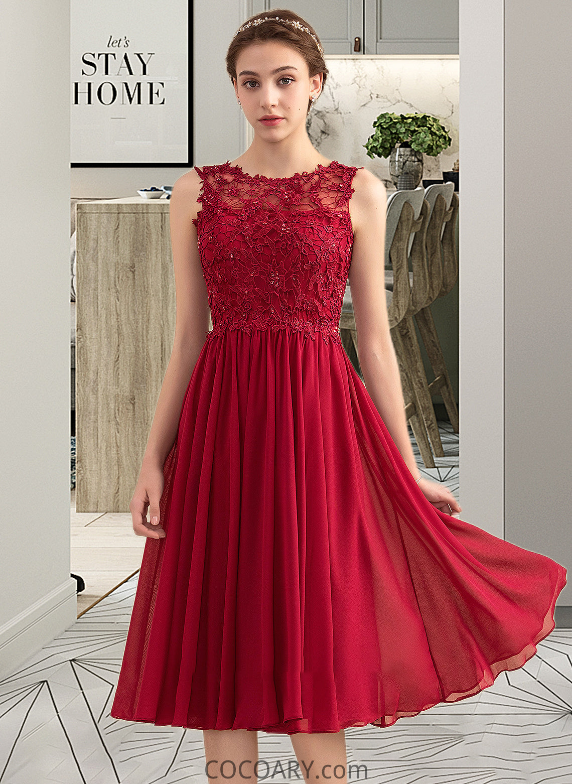 Shirley A-Line Scoop Neck Knee-Length Chiffon Lace Bridesmaid Dress With Beading Sequins DA8P0013208