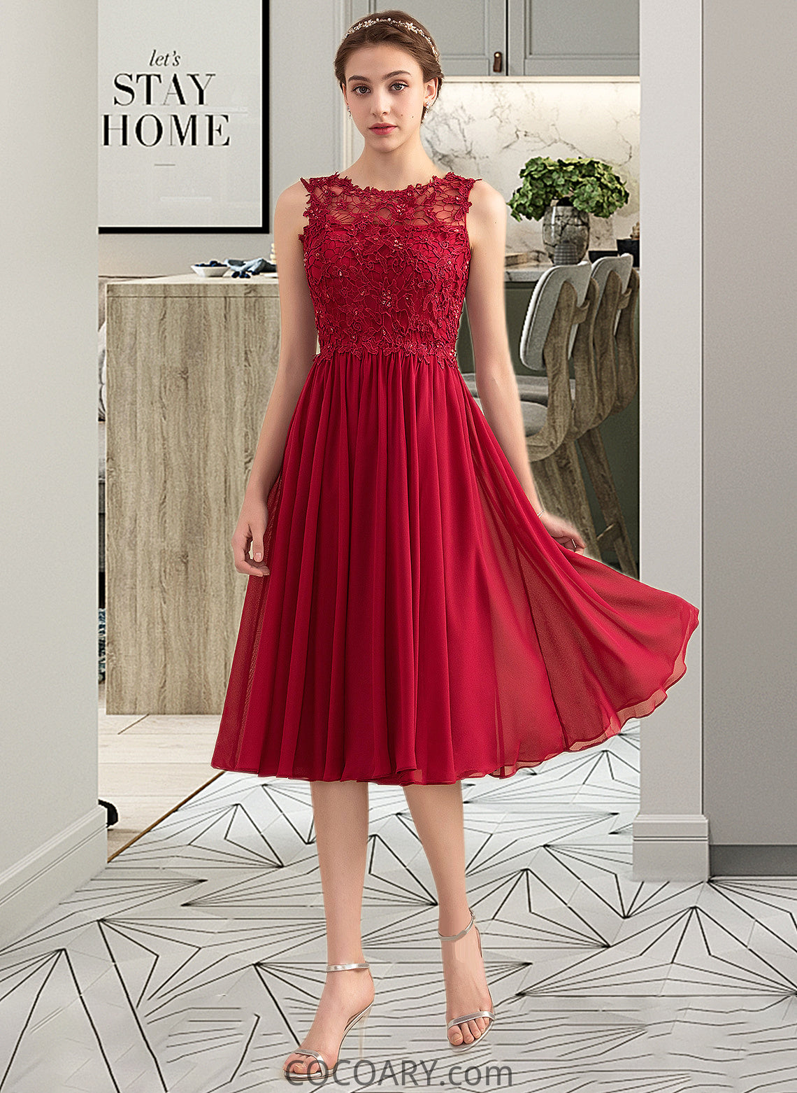 Shirley A-Line Scoop Neck Knee-Length Chiffon Lace Bridesmaid Dress With Beading Sequins DA8P0013208