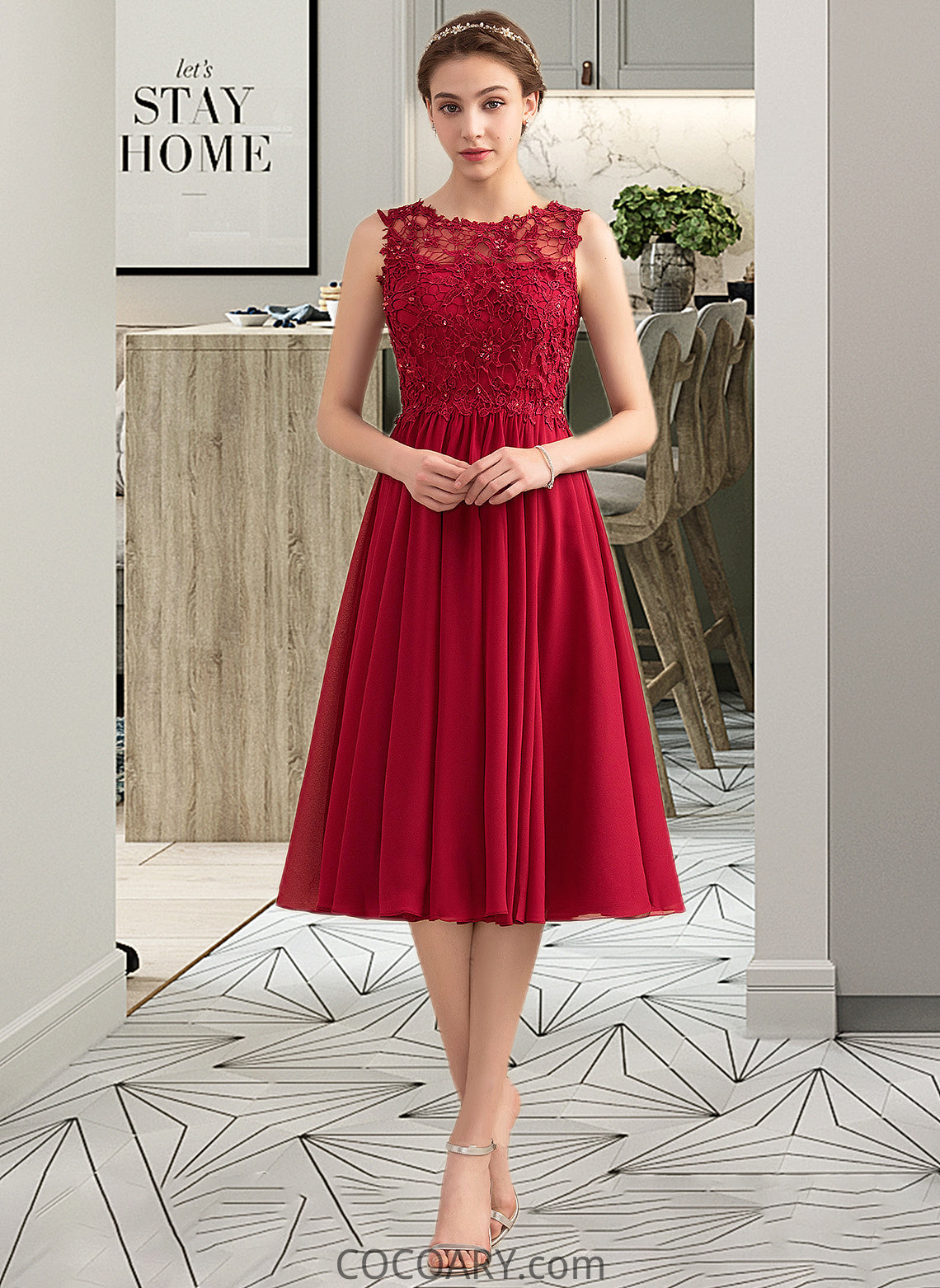 Shirley A-Line Scoop Neck Knee-Length Chiffon Lace Bridesmaid Dress With Beading Sequins DA8P0013208