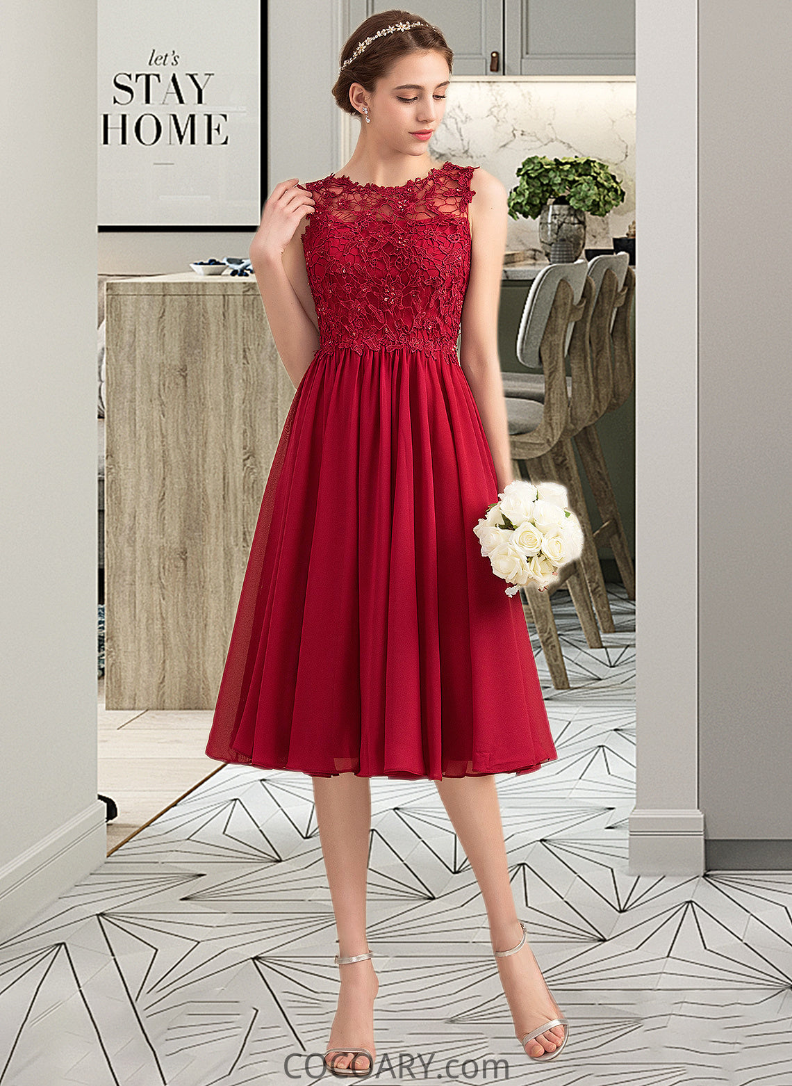 Shirley A-Line Scoop Neck Knee-Length Chiffon Lace Bridesmaid Dress With Beading Sequins DA8P0013208