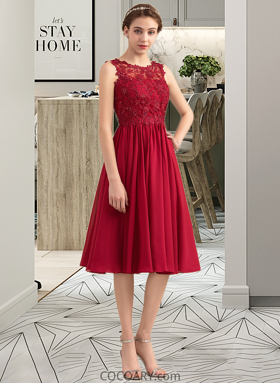 Shirley A-Line Scoop Neck Knee-Length Chiffon Lace Bridesmaid Dress With Beading Sequins DA8P0013208