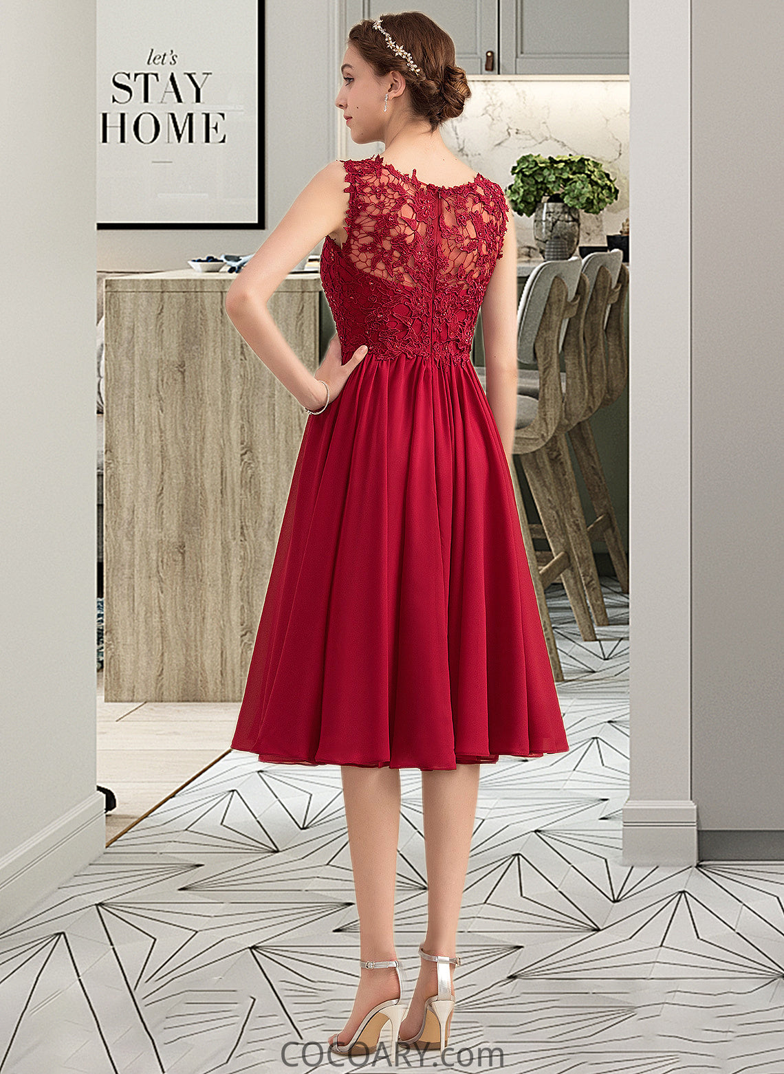 Shirley A-Line Scoop Neck Knee-Length Chiffon Lace Bridesmaid Dress With Beading Sequins DA8P0013208