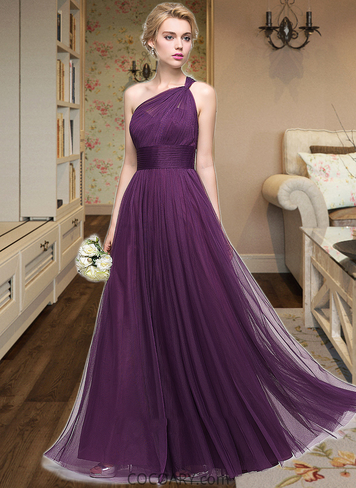 Helga A-Line One-Shoulder Floor-Length Tulle Bridesmaid Dress With Ruffle DA8P0013216