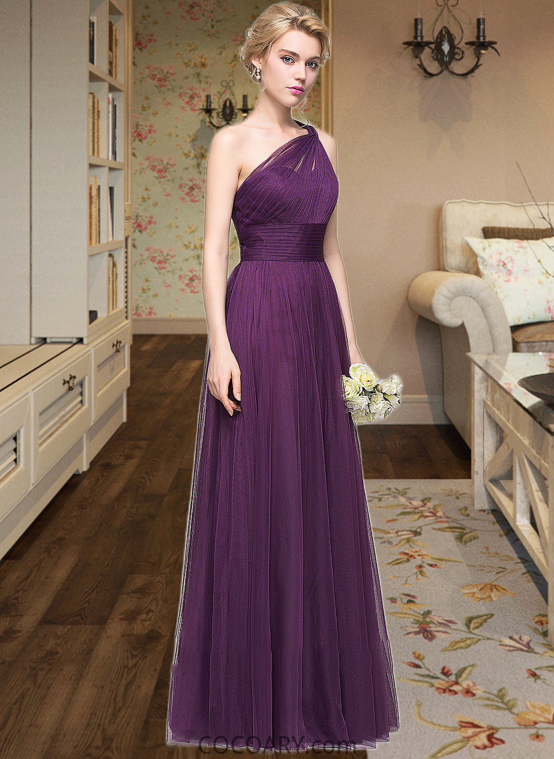 Helga A-Line One-Shoulder Floor-Length Tulle Bridesmaid Dress With Ruffle DA8P0013216