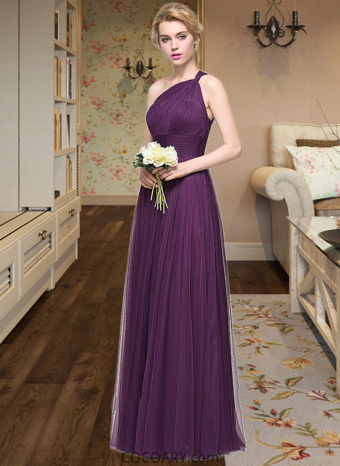 Helga A-Line One-Shoulder Floor-Length Tulle Bridesmaid Dress With Ruffle DA8P0013216