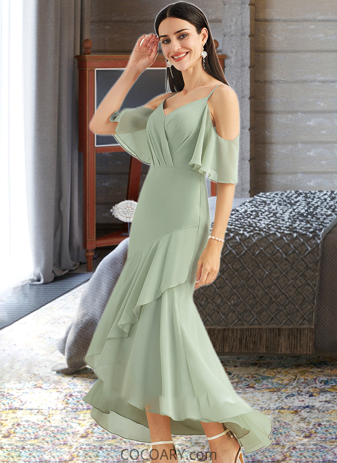 Rylie Trumpet/Mermaid V-neck Asymmetrical Bridesmaid Dress With Ruffle DA8P0013222