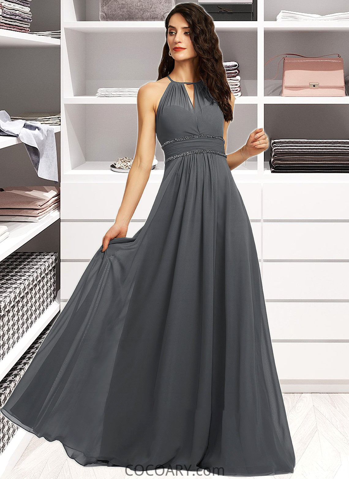 Karly A-Line Halter Floor-Length Chiffon Bridesmaid Dress With Ruffle Beading Sequins DA8P0013232