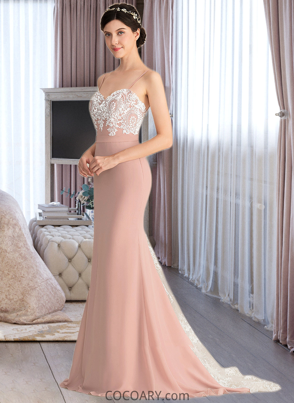 Adelyn Trumpet/Mermaid Sweetheart Sweep Train Chiffon Lace Bridesmaid Dress DA8P0013237