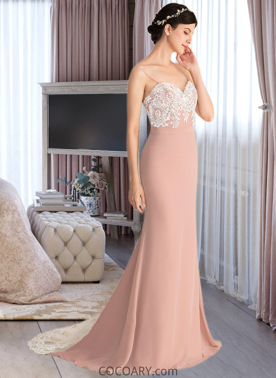 Adelyn Trumpet/Mermaid Sweetheart Sweep Train Chiffon Lace Bridesmaid Dress DA8P0013237