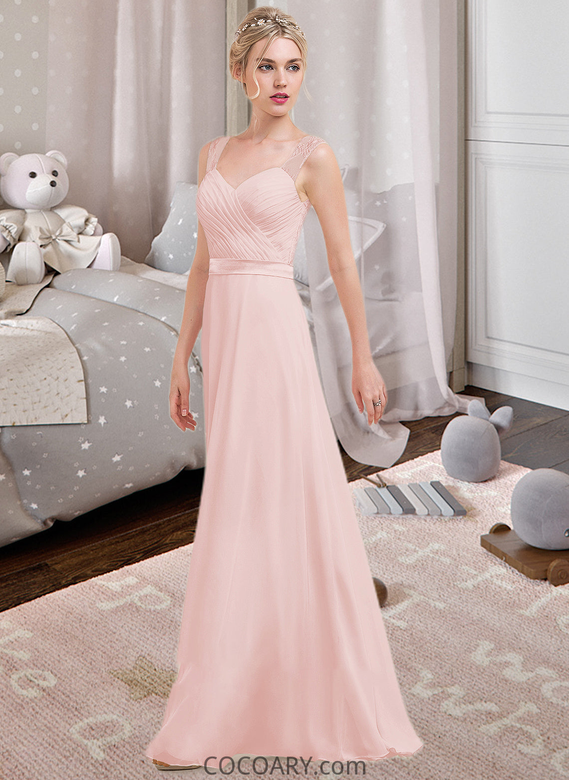 Madelynn A-Line/Princess Sweetheart Floor-Length Chiffon Bridesmaid Dress With Ruffle DA8P0013239