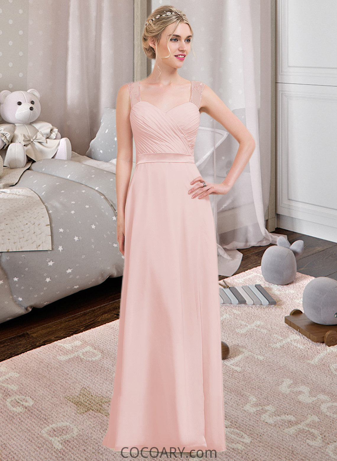 Madelynn A-Line/Princess Sweetheart Floor-Length Chiffon Bridesmaid Dress With Ruffle DA8P0013239