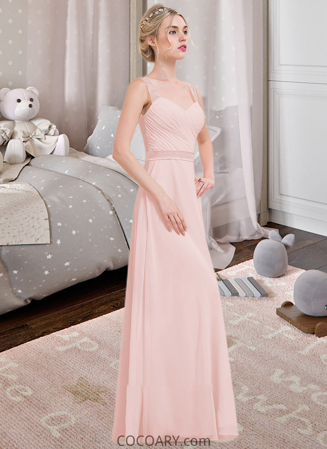 Madelynn A-Line/Princess Sweetheart Floor-Length Chiffon Bridesmaid Dress With Ruffle DA8P0013239