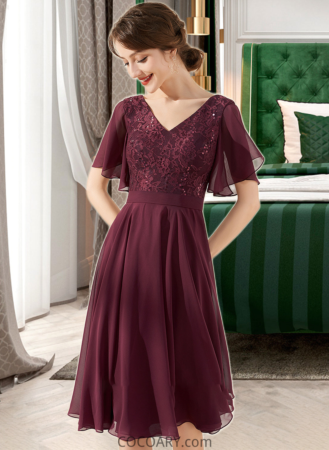 Lorelai A-Line V-neck Knee-Length Chiffon Lace Bridesmaid Dress With Sequins DA8P0013246