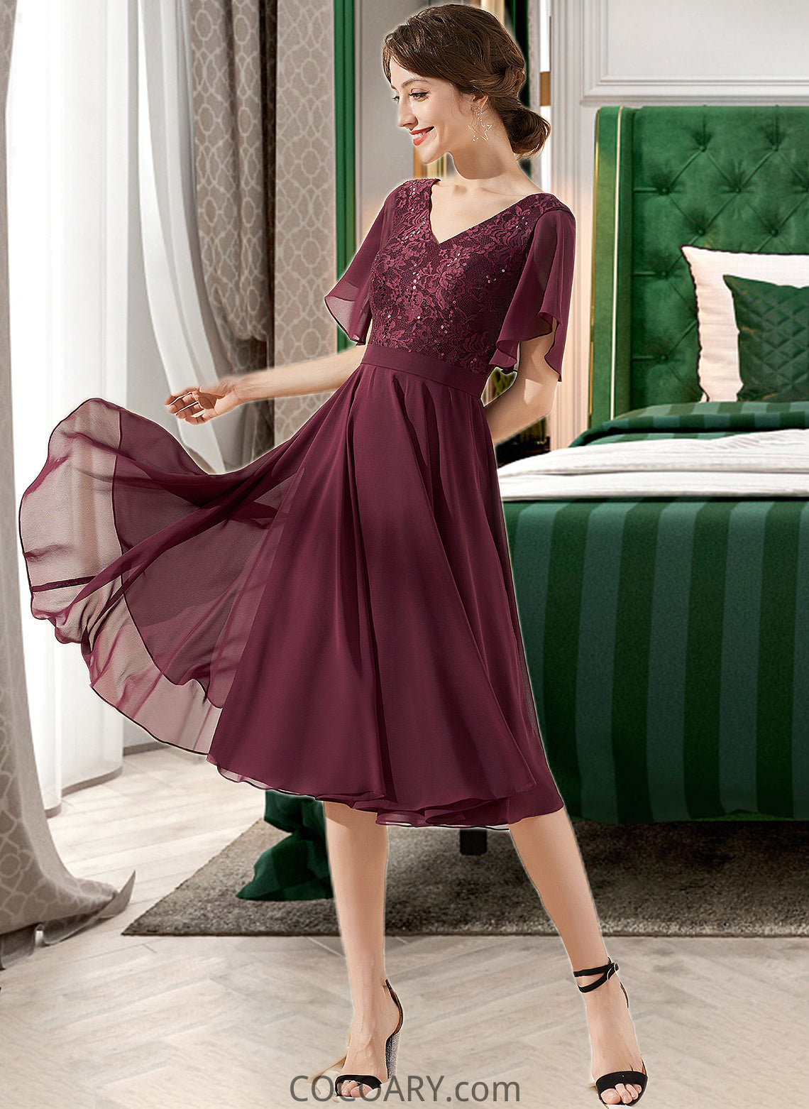 Lorelai A-Line V-neck Knee-Length Chiffon Lace Bridesmaid Dress With Sequins DA8P0013246