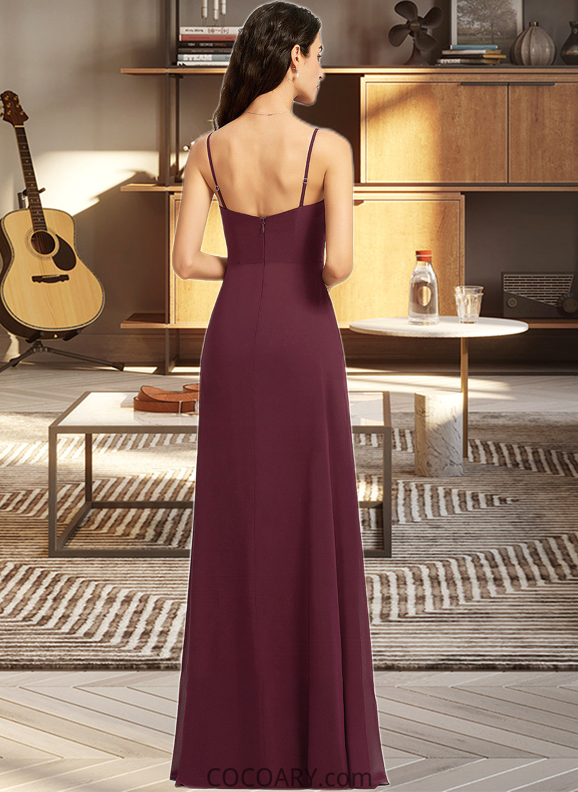 Saniyah Sheath/Column V-neck Floor-Length Bridesmaid Dress With Ruffle Split Front DA8P0013247