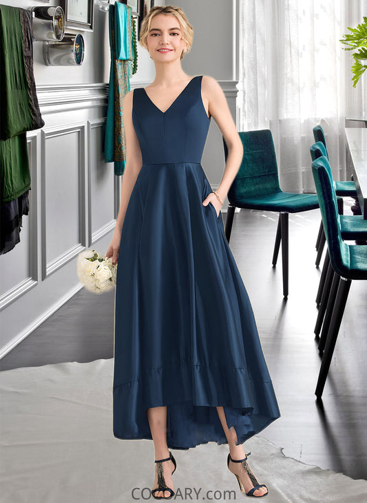 Chloe Ball-Gown/Princess V-neck Asymmetrical Satin Bridesmaid Dress With Pockets DA8P0013251