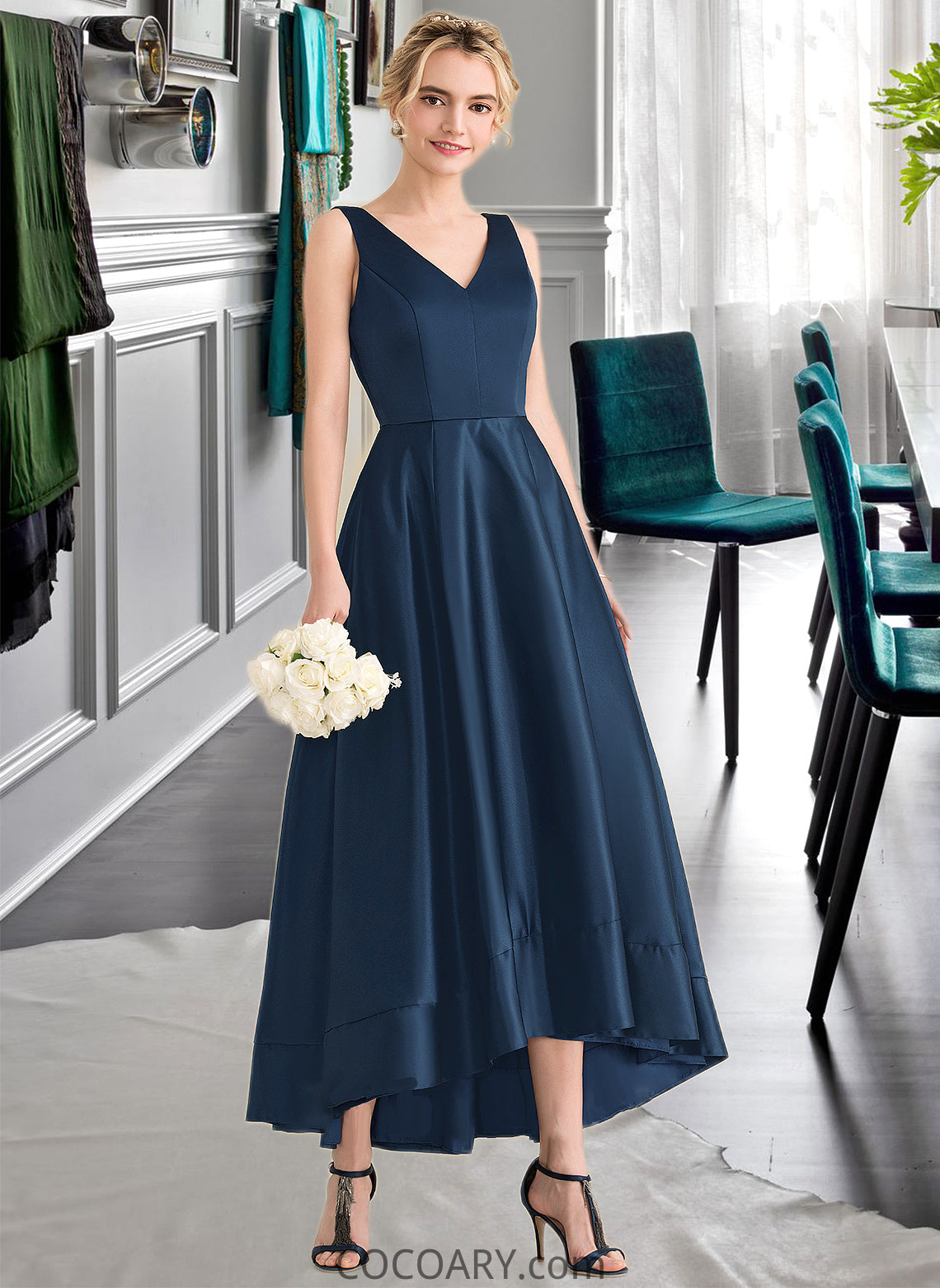 Chloe Ball-Gown/Princess V-neck Asymmetrical Satin Bridesmaid Dress With Pockets DA8P0013251