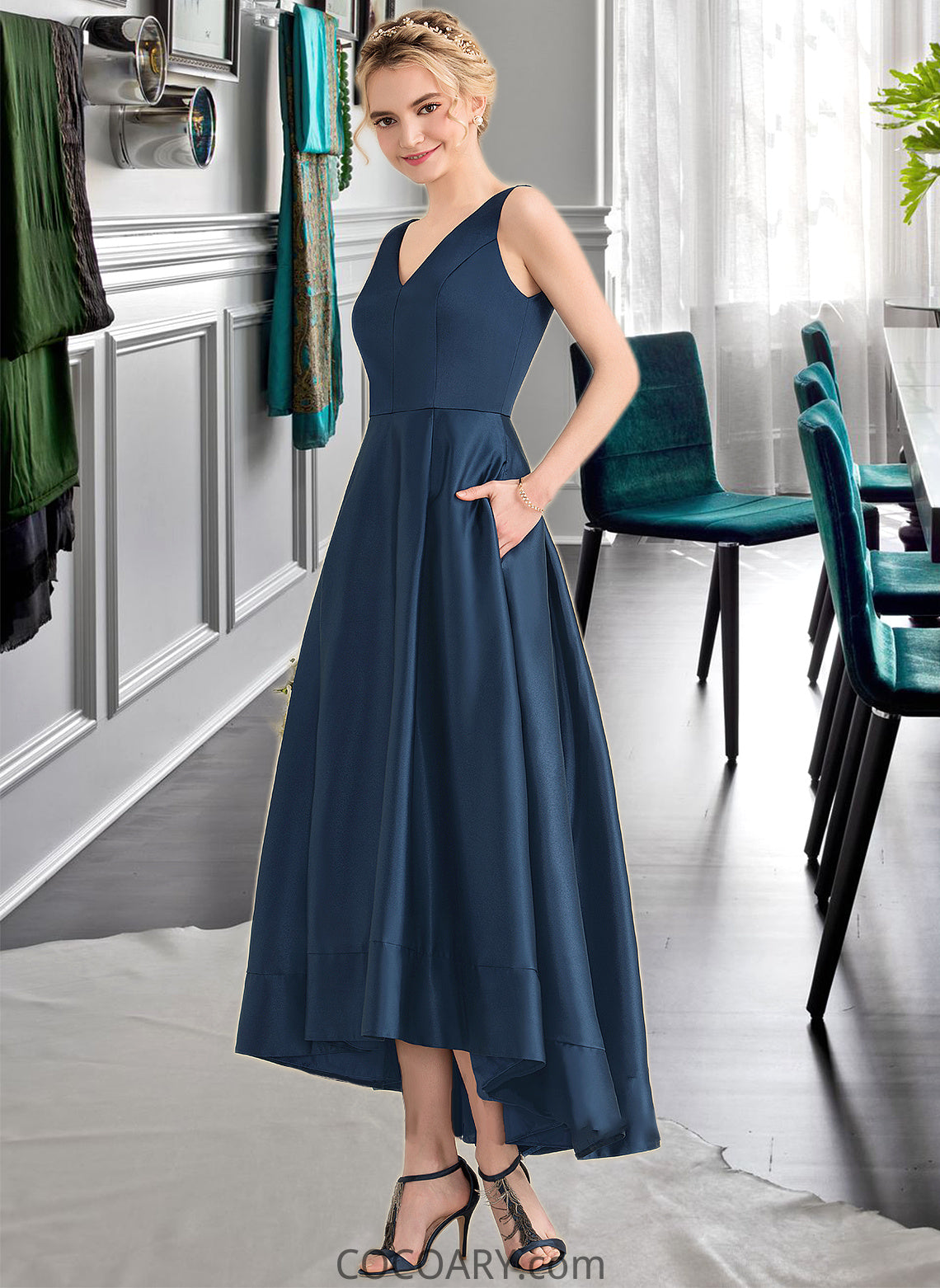 Chloe Ball-Gown/Princess V-neck Asymmetrical Satin Bridesmaid Dress With Pockets DA8P0013251