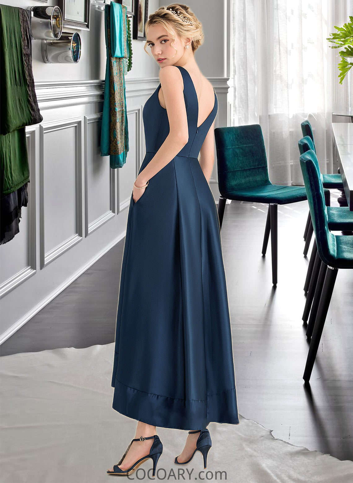 Chloe Ball-Gown/Princess V-neck Asymmetrical Satin Bridesmaid Dress With Pockets DA8P0013251