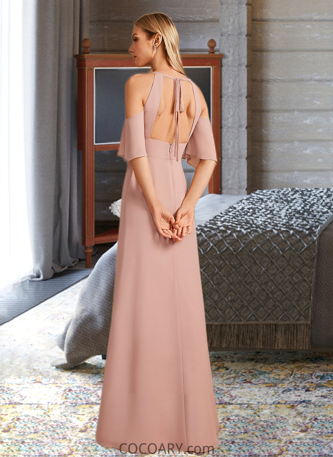 Penelope Sheath/Column High Neck Floor-Length Bridesmaid Dress With Split Front DA8P0013254