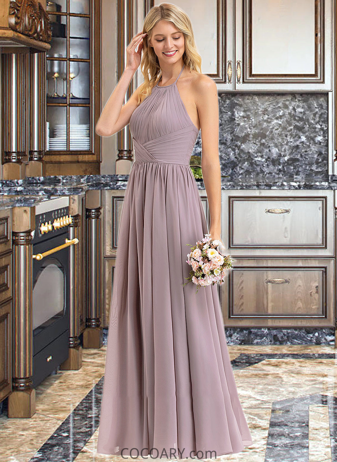 Paige Empire Halter Floor-Length Chiffon Bridesmaid Dress With Ruffle Bow(s) DA8P0013258