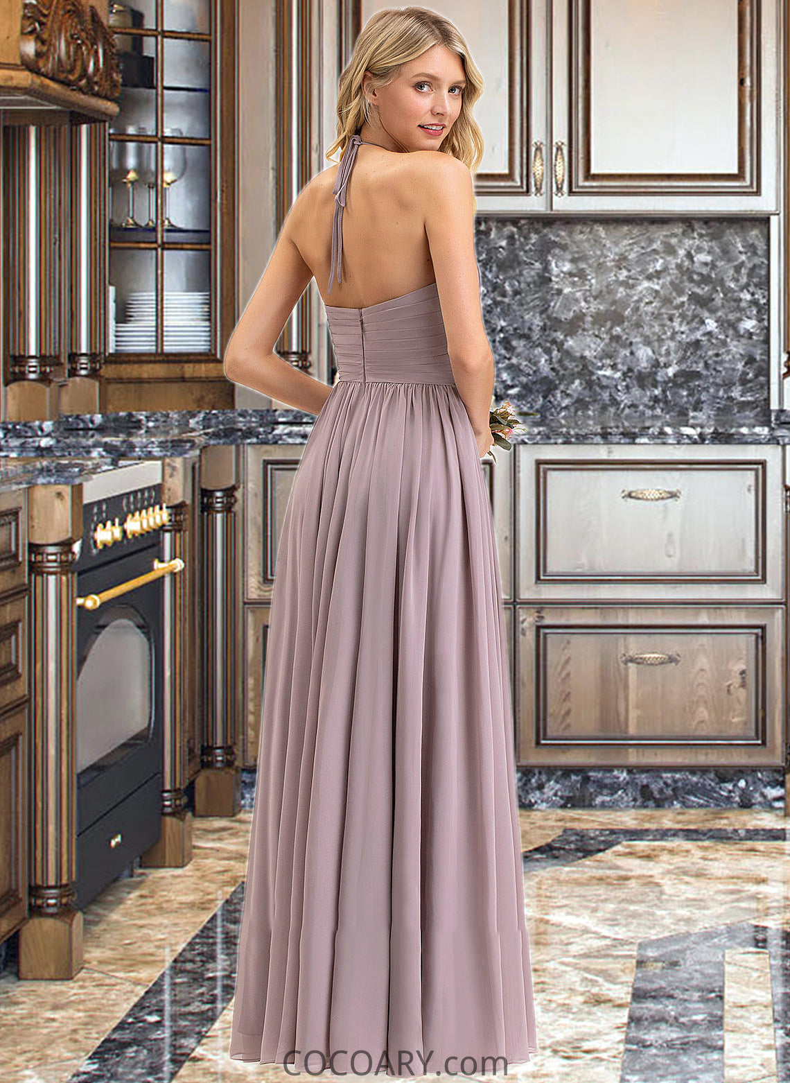 Paige Empire Halter Floor-Length Chiffon Bridesmaid Dress With Ruffle Bow(s) DA8P0013258